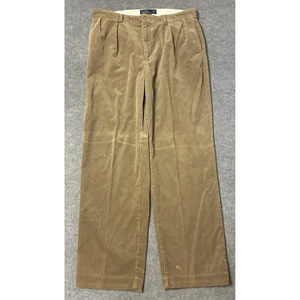 Vintage Polo Ralph Lauren Andrew Pant Mens 36x32 Tan Corduroy Pleated Trousers